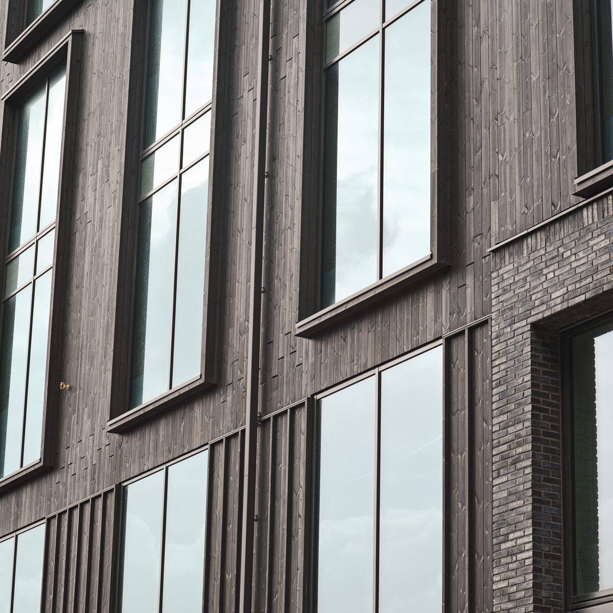 Holz-Aluminium-Fassade, grau.